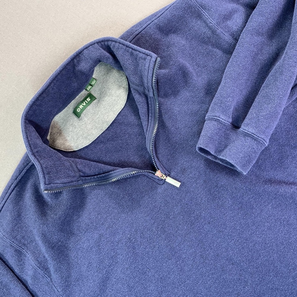 Orvis‎ Sweatshirt Mens 2XL Blue 1/4 Zip Cotton Fleece Mock Neck Pullover